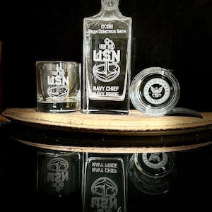 USN Chief Whiskey Decanter Gift - Personalized, Custom Gift, Engraved Bourbon Decanter and Whiskey Glasses, Petty Officer, Sponsor Gift