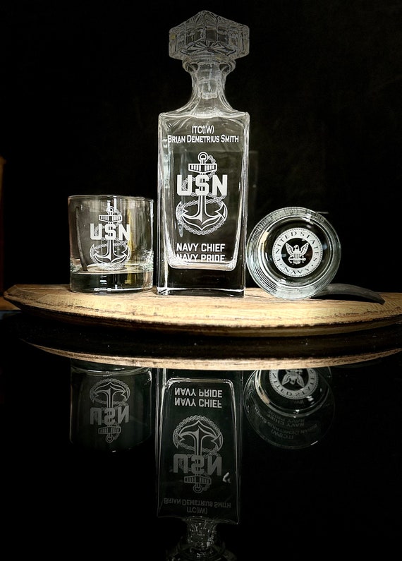 Custom-engraved decanter set honoring US Navy Chiefs — a sharp, meaningful gift that actually looks like something you'd display proudly.
