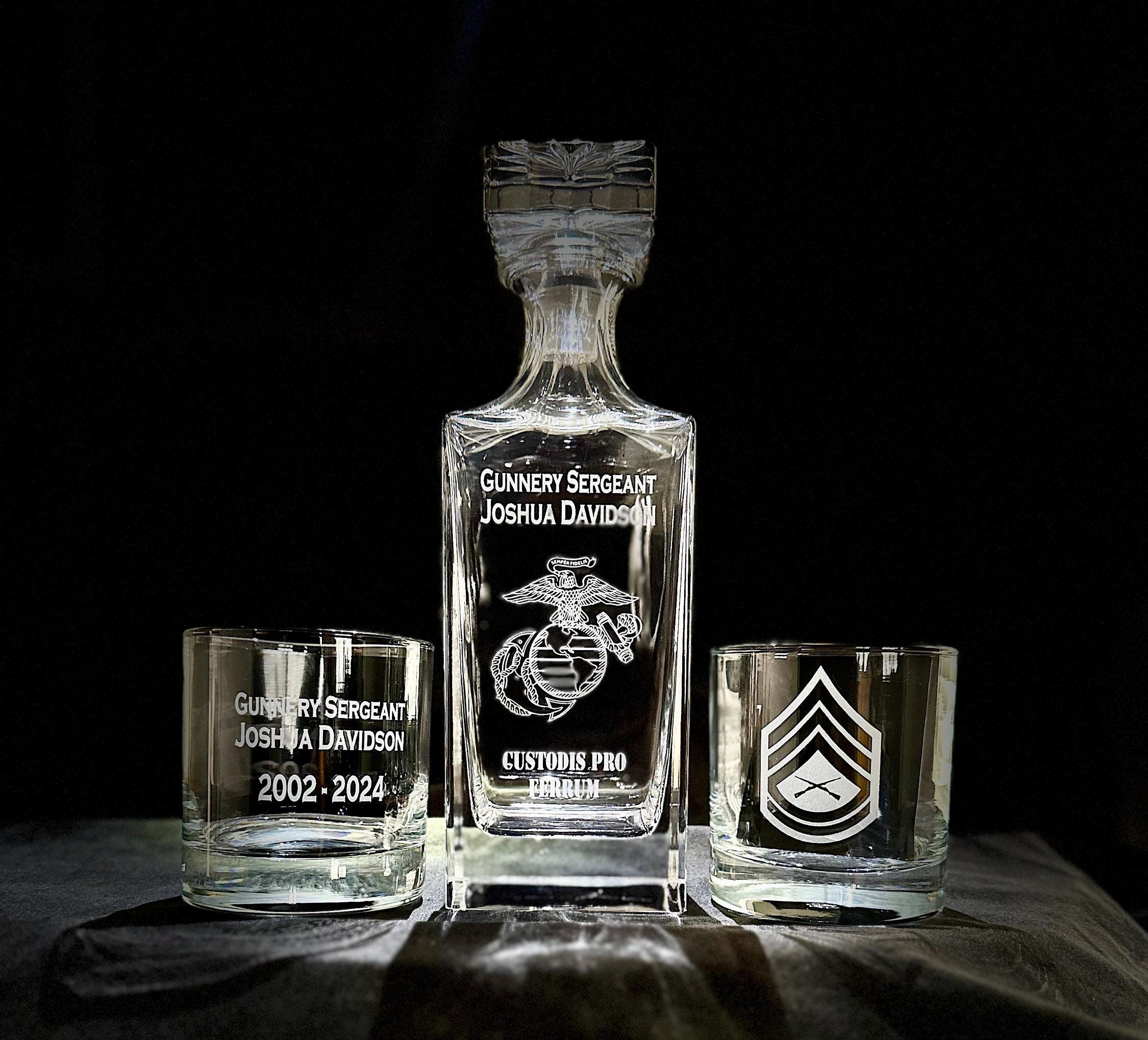 Personalized Marine Corps Whiskey Decanter Set - Custom Engraved - Any USMC Logo - Unique Gift for Marines, Laser Etched and Sandblasted