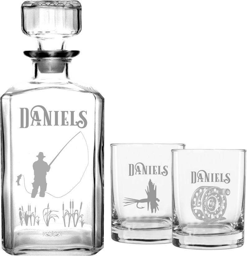 Personalized Fly Fishing Whiskey Glasses & Decanter Set Gifts Etsy