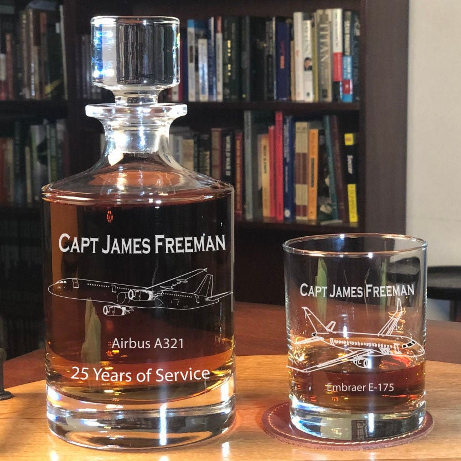 Personalized Airline Pilot Aircraft Whiskey Decanter Set, Pilot Retirement Gift