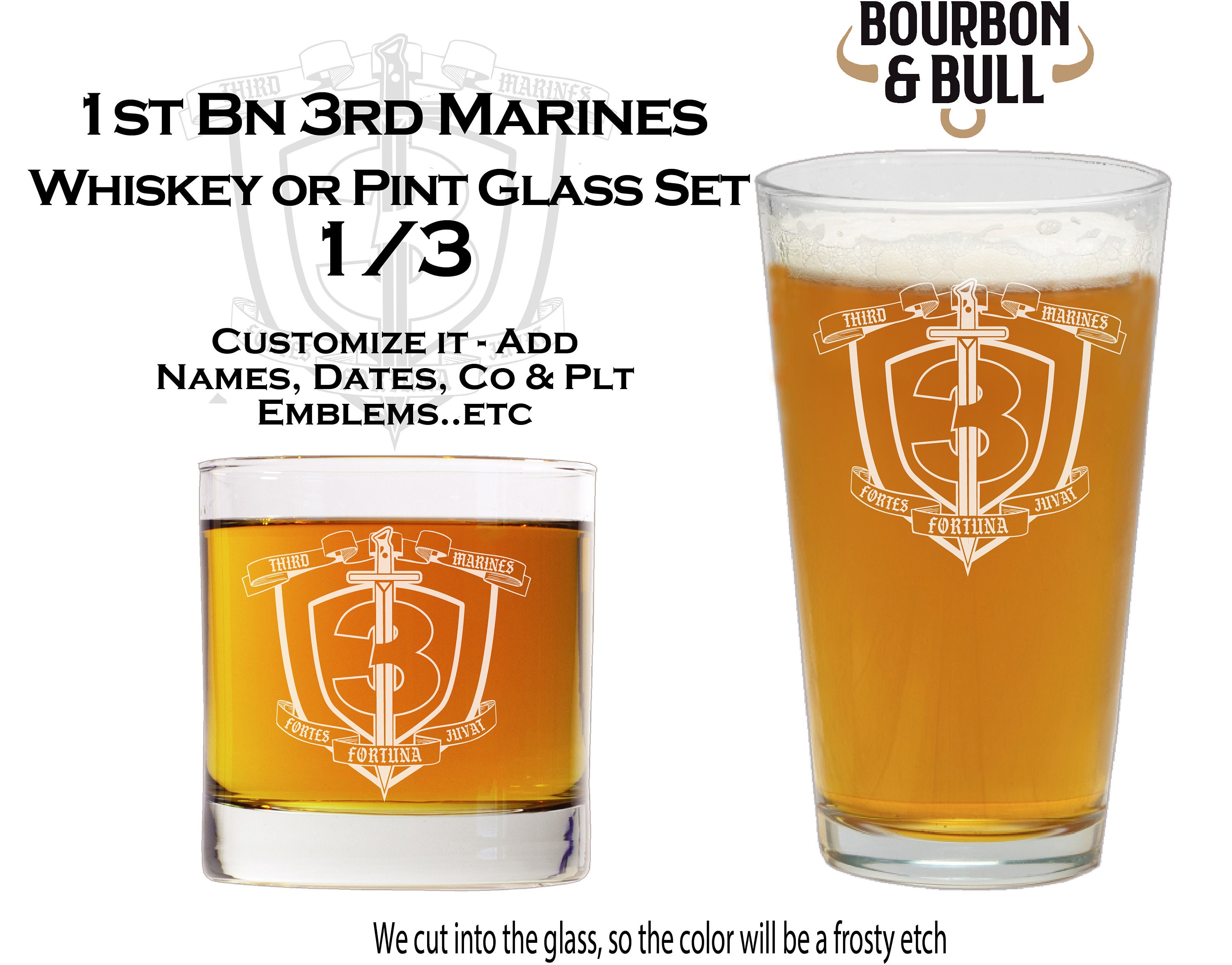 1st Bn 3rd Marines - Whiskey Glass Set, Marine Corps Gift, Infantry, 0311, 0331, 0341, 0352, Retirement Gift, Promotion, USMC Ball