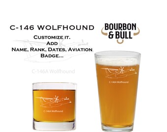 C-146 Wolfhound Whiskey Glass Set, Sandblasted Aviation Gift
