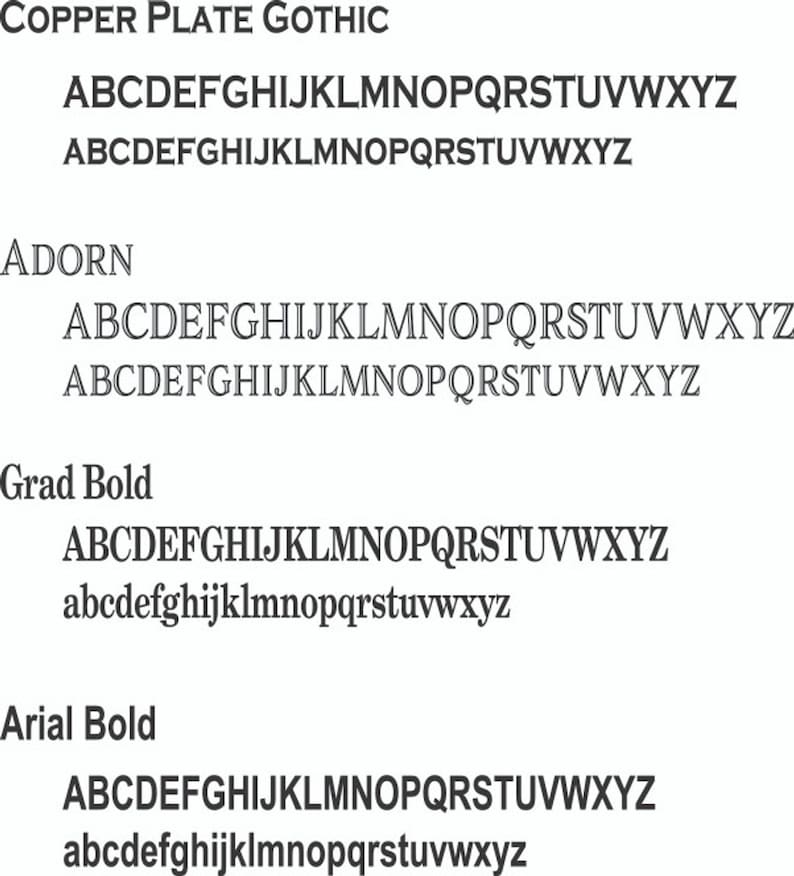 May include: A comparison of different font styles, including Copper Plate Gothic, Adorn, Grad Bold, and Arial Bold. Each font style is shown with the alphabet in uppercase and lowercase.