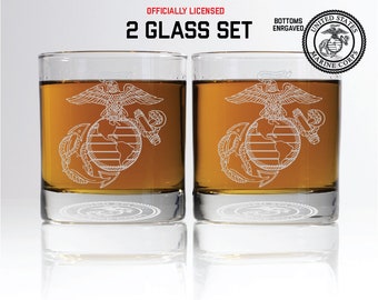 Marine Corps Whiskey Glasses - Set of 2 with Bottom Engravings - featuring the USMC Eagle Globe and Anchor - Quick Gift.