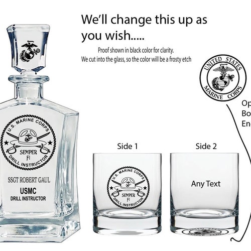 Personalized USMC Marine Drill Sergeant Whiskey Decanter Set, Gift for Marine, Marine Corps Gift ...