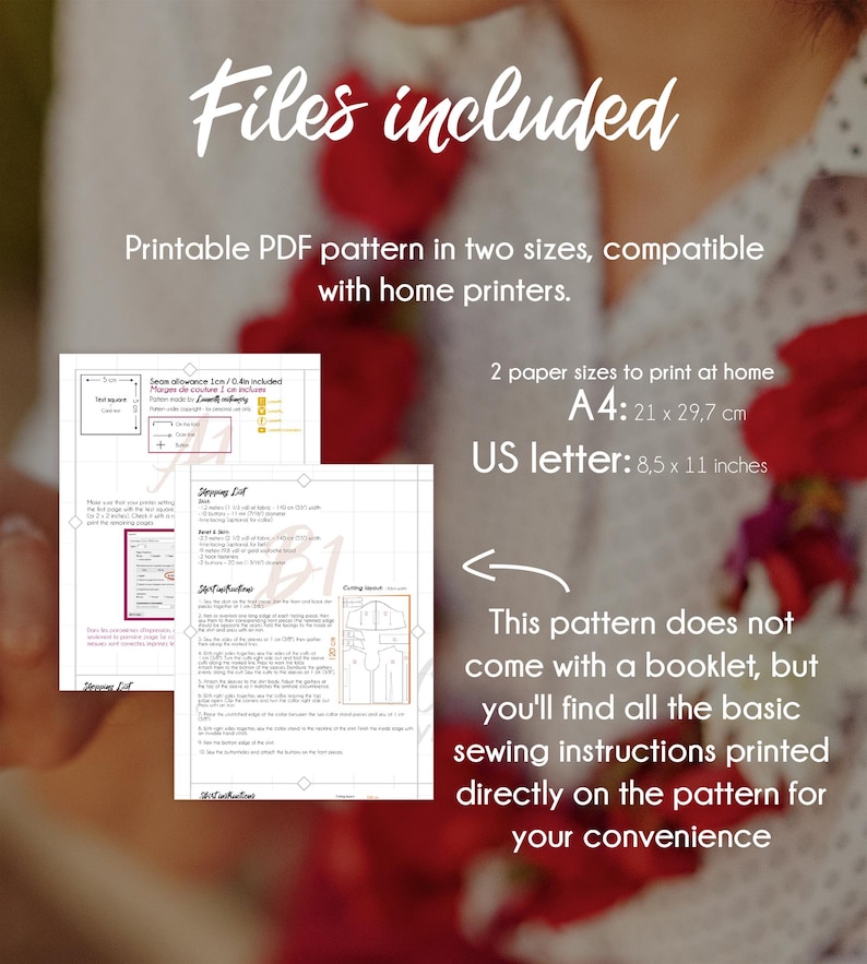 Pu&ograve; includere: Modello di cucito PDF stampabile per un capo di abbigliamento, disponibile in due misure: A4 (21 x 29,7 cm) e US Letter (8,5 x 11 pollici). Il modello include istruzioni di cucito di base stampate direttamente sul modello.