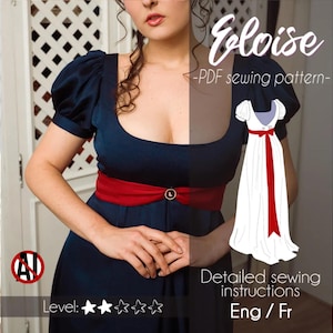 Puede incluir: Un vestido azul marino con una faja roja y un botón dorado. La imagen incluye el texto "Eloise - PDF sewing pattern - Detailed sewing instructions Eng / Fr". El vestido tiene mangas cortas abullonadas y un escote redondo.