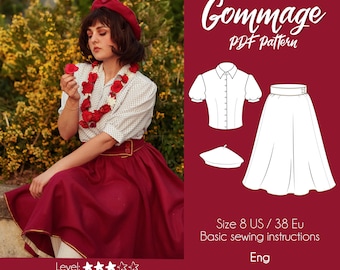Könnte beinhalten: Ein PDF-Schnittmuster für einen Rock und eine Bluse. Das Schnittmuster ist für Größe 8 US / 38 EU. Das Schnittmuster enthält grundlegende Nähanleitungen in Englisch. Das Schnittmuster heißt "Gommage".