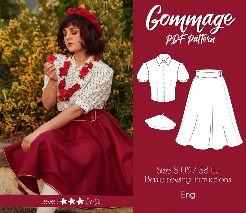 Pu&ograve; includere: Un cartamodello di cucito PDF per una gonna e una blusa. Il cartamodello &egrave; per la taglia 8 US / 38 EU. Il cartamodello include istruzioni di cucito di base in inglese. Il cartamodello si chiama "Gommage".