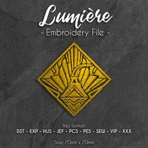 May include: A golden yellow embroidery file design with the word "Lumière" in cursive. The design is a geometric shape with a central motif. The file size is 7cm x 7cm.