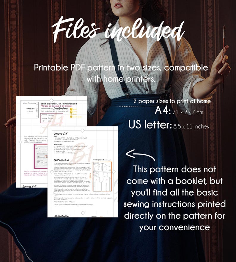 K&ouml;nnte beinhalten: Ein PDF-Schnittmuster mit enthaltenen Dateien, das Anweisungen und Ma&szlig;e in den Formaten A4 (21 x 29,7 cm) und US Letter (8,5 x 11 Zoll) enth&auml;lt. Das Muster ist f&uuml;r den Heimdruck konzipiert und enth&auml;lt grundlegende N&auml;hanweisungen.