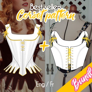 Puede incluir: Una descarga digital de dos patrones de corsé, uno con la parte inferior puntiaguda y otro con la parte inferior recta. Los patrones son blancos con costuras amarillas y están etiquetados como "Best sellers Corset pattern + Bundle".
