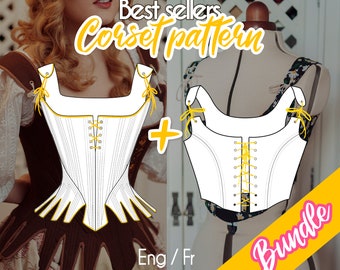 Könnte beinhalten: Ein digitaler Download von zwei Korsett-Schnitten, einer mit spitzem Saum und einer mit geradem Saum. Die Schnitte sind weiß mit gelben Nähten und tragen die Aufschrift "Best sellers Corset pattern + Bundle".