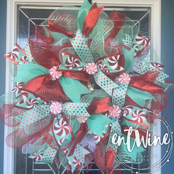 Whimsical Christmas Wreath Christmas Red Candy Cane Ribbon Christmas Wreath Green and White Christmas Wreath Mesh Christmas Wreath