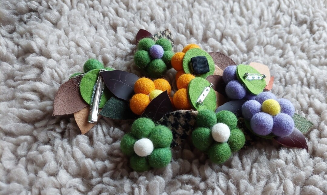 Felt Balls Flower With Wool and Leather Leaves and Elastic Etsy