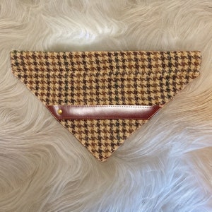 Dog bandana. Tweed and leather check bandana. Dog clothes. Backed with a silky lining.