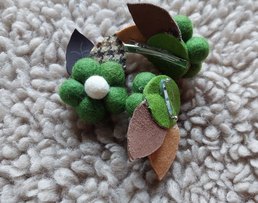 Felt Balls Flower With Wool and Leather Leaves Hair Clip for Etsy