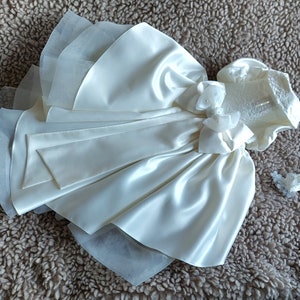 Dog Half Bodice Satin, Brocade and Organza Wedding Dress with bow and long flowing tails (Customised).