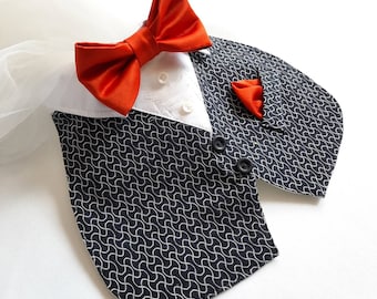 Dog blue patterned waistcoat style bib, with a dickie bow for weddings and special occasion. Dog ring bearers outfit.