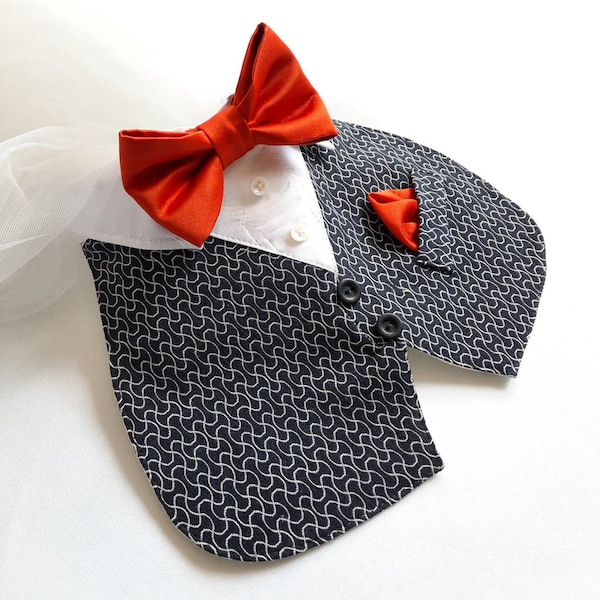 Dog blue patterned waistcoat style bib, with a dickie bow for weddings and special occasion. Dog ring bearers outfit.