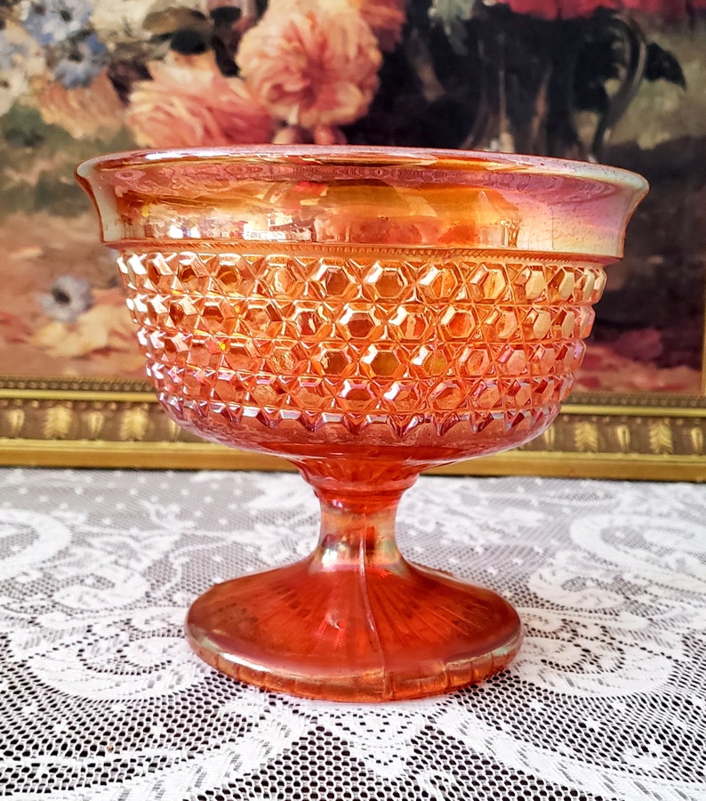 Vintage Marigold Carnival Glass Pedestal Bowl. Compote Vase. Etsy