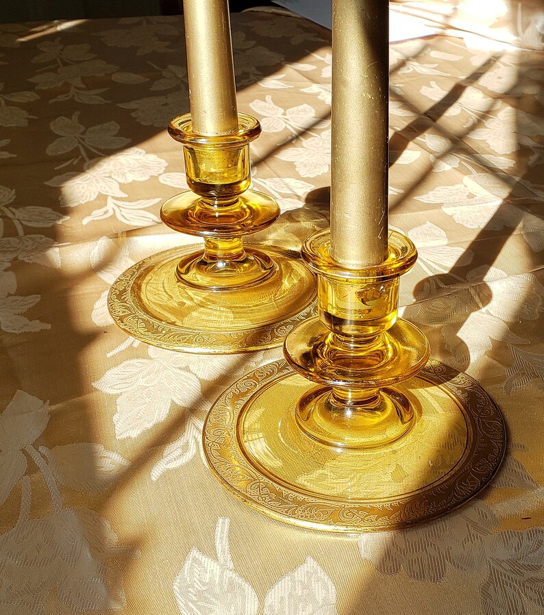 PAIR of Vintage Candlestick Holders. Yellow Depression Glass. Etsy