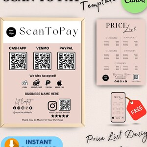 May include: A pink and white printable template for a business price list with a scan to pay option. The template includes a QR code for cash app, venmo, and paypal. The template also includes a section for business name, contact information, and a review section. The template also includes a mobile version of the price list.