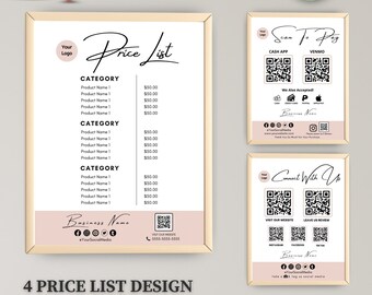 Editable Price List Template: Beauty Salon Pricelist, Scan to Pay Sign (Canva Template)