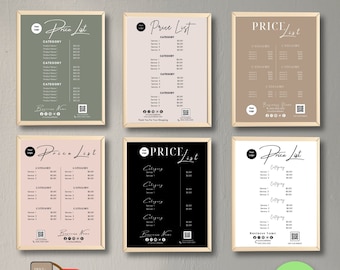 Puede incluir: Seis diseños de listas de precios diferentes para empresas, con una variedad de esquemas de colores y diseños. Cada diseño incluye un código QR de pago por escaneo y espacio para un logotipo de empresa. El texto "Price List" está escrito en una fuente de escritura a mano. Los diseños también están disponibles en una versión móvil.