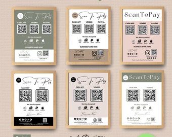 QR-Code-Zeichen, Scan-To-Pay-Vorlagenbundle, druckbare Zahlungsschilder, Preisliste, bearbeitbare Schilder für kleine Unternehmen