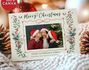 Landscape Christmas Card Template, Botanical Photo Holiday Card, Year in Review Family Greeting Card, Editable canva (Digital Download)