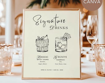 Signature Drinks Menu Sign, Editable Wedding Bar Template, Hand Drawn Design, His and Her Cocktail Table Sign (Digital Download)