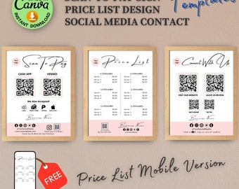 May include: Three printable templates for a business to use for their social media and payment information. The first template is a scan to pay template with QR codes for Cash App and Venmo. The second template is a price list with two columns of services and prices. The third template is a connect with us template with QR codes for visiting the website and leaving a review. The templates are in a light pink and white color scheme.