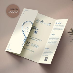 Modelo de convite de casamento desenhado à mão: Dobra tripla dobrável, design editável em Canva (download digital)