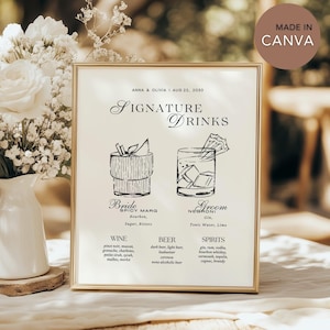 Handgezeichnetes Signature Drink Schild, Hochzeitsbarkarte, Minimalistisches Menü für Sie und Ihn, bearbeitbare DIY Cocktail-Getränkekarte Beschilderungsvorlage