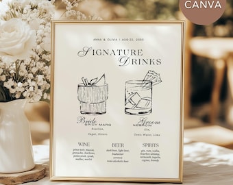 May include: A printable wedding sign with a gold frame and white background. The sign has the text "Signature Drinks" and lists the bride's and groom's signature drinks, "Spicy Marg" and "Negroni", with their ingredients. The sign also lists wine, beer, and spirits options.