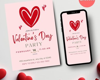 May include: A pink and red Valentine's Day party invitation with a red heart design. The invitation includes the text "Join us for a Valentine's Day Party" and the date "February 14, 2025" with a time of "11:00 AM". The invitation also includes an address and RSVP information.