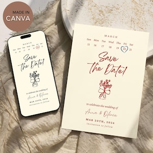 Invitación de boda minimalista con calendario para guardar la fecha, invitación para guardar la fecha dibujada a mano, invitación digital para guardar la fecha, invitación editable para guardar la fecha de Evite