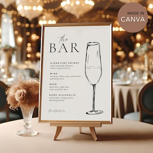 Plantilla de cartel de bebidas de bar, menú de cócteles de boda dibujado a mano, menú vintage de bebidas para él y para ella, señalización de menú de bar editable DIY