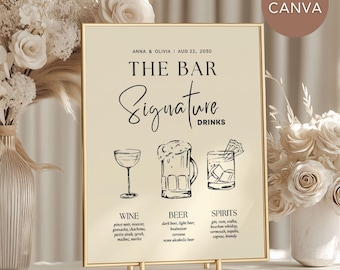Puede incluir: Un cartel imprimible para un bar de boda o fiesta con el texto "The Bar Signature Drinks" e ilustraciones de una copa de vino, una jarra de cerveza y una copa de cóctel. El cartel enumera diferentes tipos de vino, cerveza y licores.