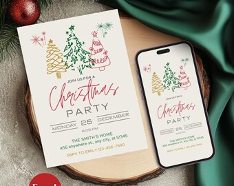 May include: A digital invitation for a Christmas party with a festive design featuring three stylized Christmas trees with gold and green accents. The invitation includes the date, time, and location of the party, as well as the RSVP information. The text on the invitation reads "Join us for a Christmas Party, Monday 25 December, 6:00 PM, The Smith's Home, 456 anywhere st., any city, st 12345, RSVP to Emily 123-456-7890".