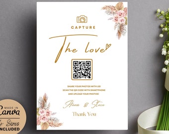 Capture the Love QR Code, Share The Love Wedding Sign Template, Wedding QR Code Sign, Wedding Photo Sign Printable, Instant Download, Canva