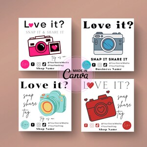 Paquete de 4 plantillas editables de tarjeta Snap y Share, síguenos en la tarjeta de redes sociales, dale Me gusta y conéctate con nosotros, solicita la plantilla Canva de tarjeta de inserción