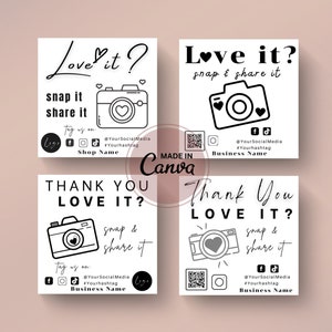 4 bundels bewerkbare kaartsjabloon Snap and Share It, verpakkingsinzetstukken voor kleine bedrijven, DIY-sticker voor sociale media, afdrukbare bedankkaart