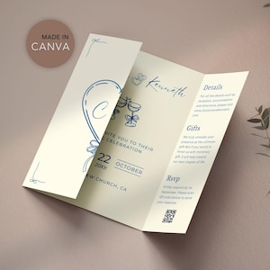 Hand Drawn Gatefold Wedding Invitation Template, Whimsical Wedding Invite QR Code, Elegant Trifold Wedding Card, Editable Canva Design