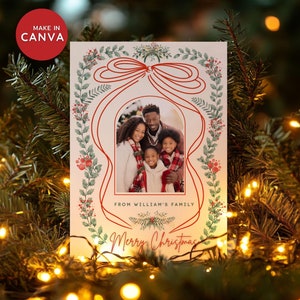 Modelo de cartão de Natal com foto botânica clássica, cartão de Natal em família, cartão de feliz Natal, cartão de foto de férias com laço, cartão de inserção desenhado à mão