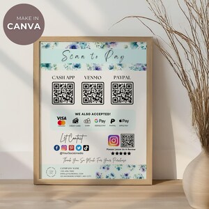 以下が含まれることがあります： 上部に「Scan to Pay」というテキストが書かれた青と白の花柄のデザイン。画像には、Cash App、Venmo、Paypal の QR コードが表示されています。また、Visa、クレジットカード、現金、Google Pay、Paypal、Apple Pay のロゴも表示されています。ロゴの上には「We Also Accepted!」というテキストがあります。ソーシャルメディアアイコンの上には「Let Contact」というテキストがあります。ソーシャルメディアアイコンは、Facebook、Instagram、Pinterest、Twitter 用です。ソーシャルメディアアイコンの下には「@YourSocialmedia」というテキストがあります。Instagram の QR コードの上には「Please Leave Us A Review」というテキストがあります。テキストの下には星が 5 つあります。Instagram の QR コードの下には「Thank You So Much For Your Purchase」というテキストがあります。連絡先情報の上には「Company Name」というテキストがあります。会社名の下には「+123-456-7890」というテキストがあります。電話番号の下には「EMAIL@YOUREMAL.COM」というテキストがあります。メールアドレスの下には「123 ANYWHERE STREET, ANY CITY」というテキストがあります。
