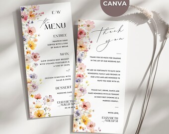 Op de afbeelding: Twee trouwkaartjes met een bloemenontwerp. De eerste kaart is een menu met de tekst "The Menu" en somt de voedselkeuzes op. De tweede kaart is een bedankkaart met de tekst "Thank You" en een bericht waarin de gasten worden bedankt voor hun aanwezigheid op de bruiloft. Beide kaarten hebben een aquarelbloemenontwerp met roze, gele en paarse bloemen.