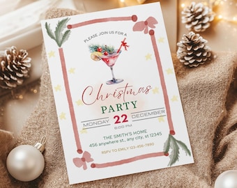 Holiday Party Invitation Card Template | Printable Christmas Dinner Invite, (Editable Canva Digital Download)
